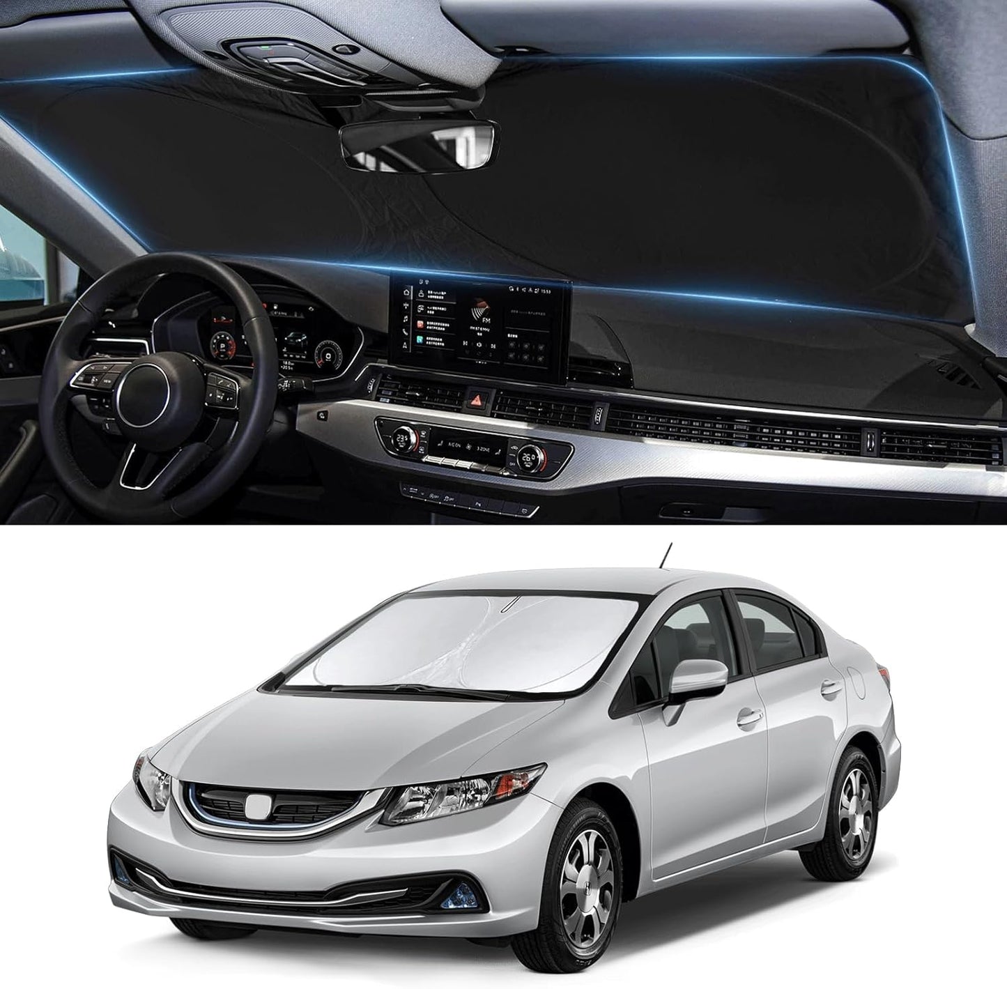 Custom Fit Civic Windshield Sunshade for 2012 2013 2014 2015 Honda Civic Accessories Front Window Shades Cover for Windshield Sun Visor Screen Protector 210T Reflective Blocks UV Rays Heat Keep Cool