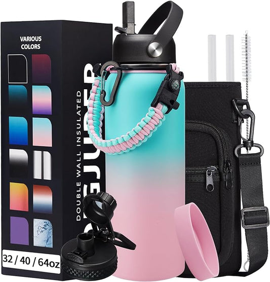 40 oz Insulated Water Bottle - Stainless Steel Water Bottles with Straw & Spout Lids, Paracord Handle, Carrier Bag, Protective Cup Mat, Keep Cold-48H & Hot-12H Metal Water Flask