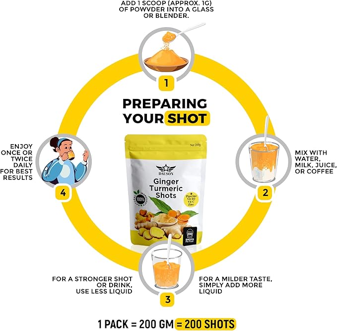 Ginger Turmeric Supplements with Piperine, Orange, Vitamin C, Vitamin D3 & Zinc | Ginger Turmeric Shots for Joint, Heart, Brain, Gut & Skin Health | 200 Servings | Ayurvedic | Powder