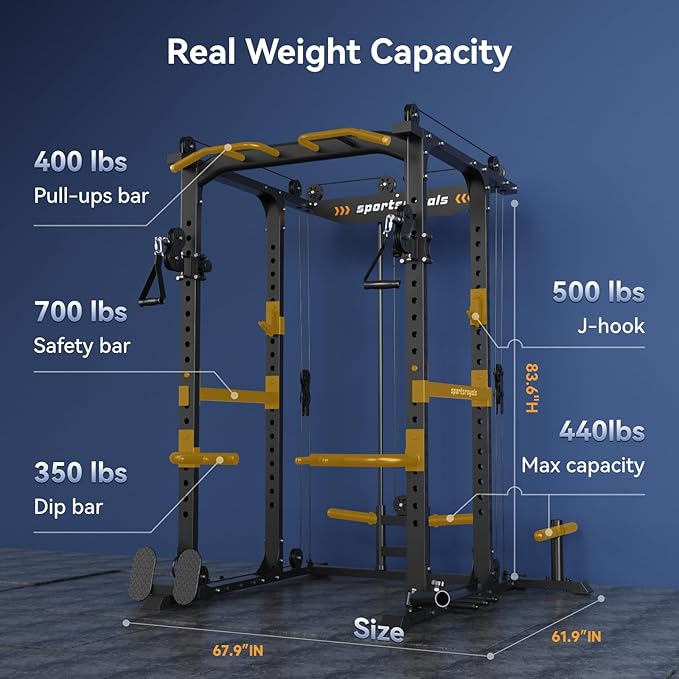 Sportsroyals Power Cage,1600lbs Multi-Function Power Rack with Adjustable Cable Crossover System and More Training Attachment, Weight Cage for Home Gym