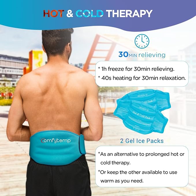 Comfytemp Ice Pack for Back Pain Relief, 2 Packs, FSA Eligible, Reusable Gel Lower Back Wrap Ice Brace for Sciatica Injuries, Hot Cold Compression for Lower Lumbar, Waist, Men Women After Surgery Gift