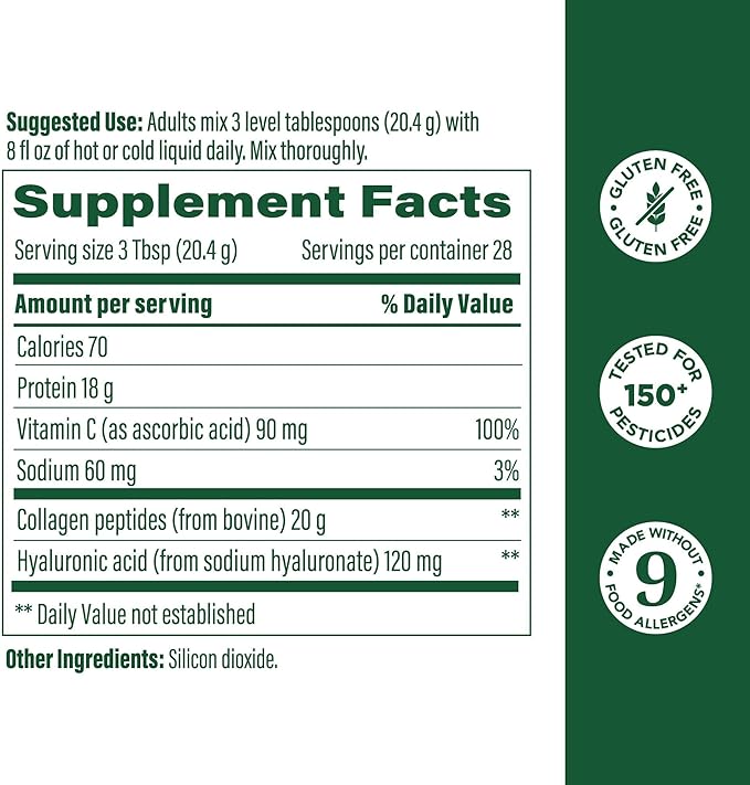 MegaFood Collagen Peptides for Women & Men - Unflavored Collagen Powder with Hyaluronic Acid & Vitamin C - Supports Skin Hair Nails & Joint Health - 20g Grass Fed Bovine Collagen - 20oz, 28 Servings
