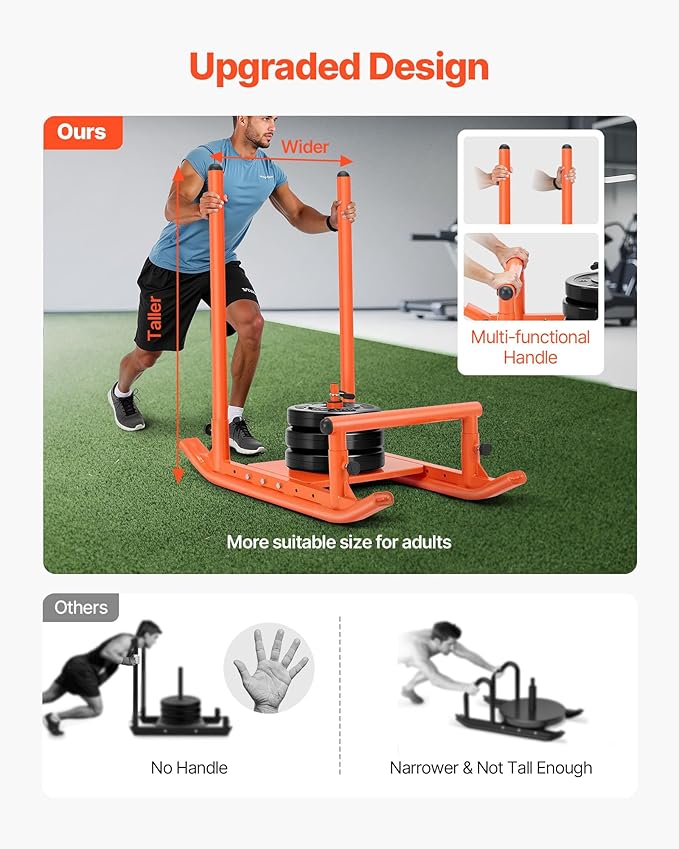 VEVOR Weight Sled, Steel Power Sled, Fitness Strength Training Sleds for Athletic Exercise Speed Improvement, Workout Fitness Equipment with Handle, Compatible with 1/2 in Weight Plates, Orange