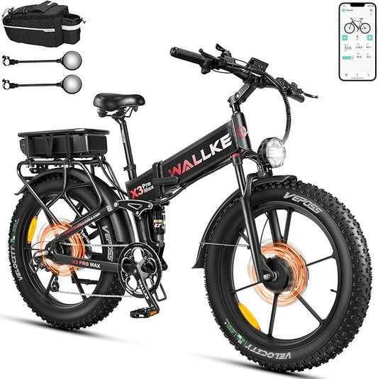 W Wallke 2025 X3 ProMax MAX Folding Dual Motor Electric Bike, 48V 44Ah/22Ah Long Range Adults Ebike, 26" Fat Tire All Terrian Full Suspension 31-34 MPH Fast E-Bike, 7-Speed Mountain e Bicycle, UL2849
