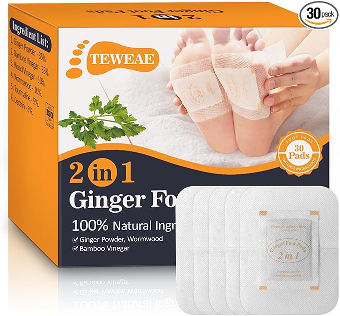 2 in 1 Foot Pads, Tear and Use Ginger Wormwood with Pure Natural Ginger Powder Bamboo Vinegar Wormwood, Bigger Adhesive ''Stay in Place'' All Night, 30 Pads
