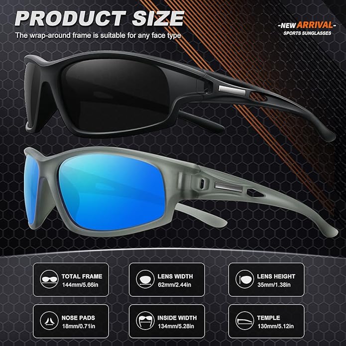 Polarized Sports Sunglasses for Men 100% UV Protection Wrap Around Unbreakable Sun Glasses for Fishing Driving