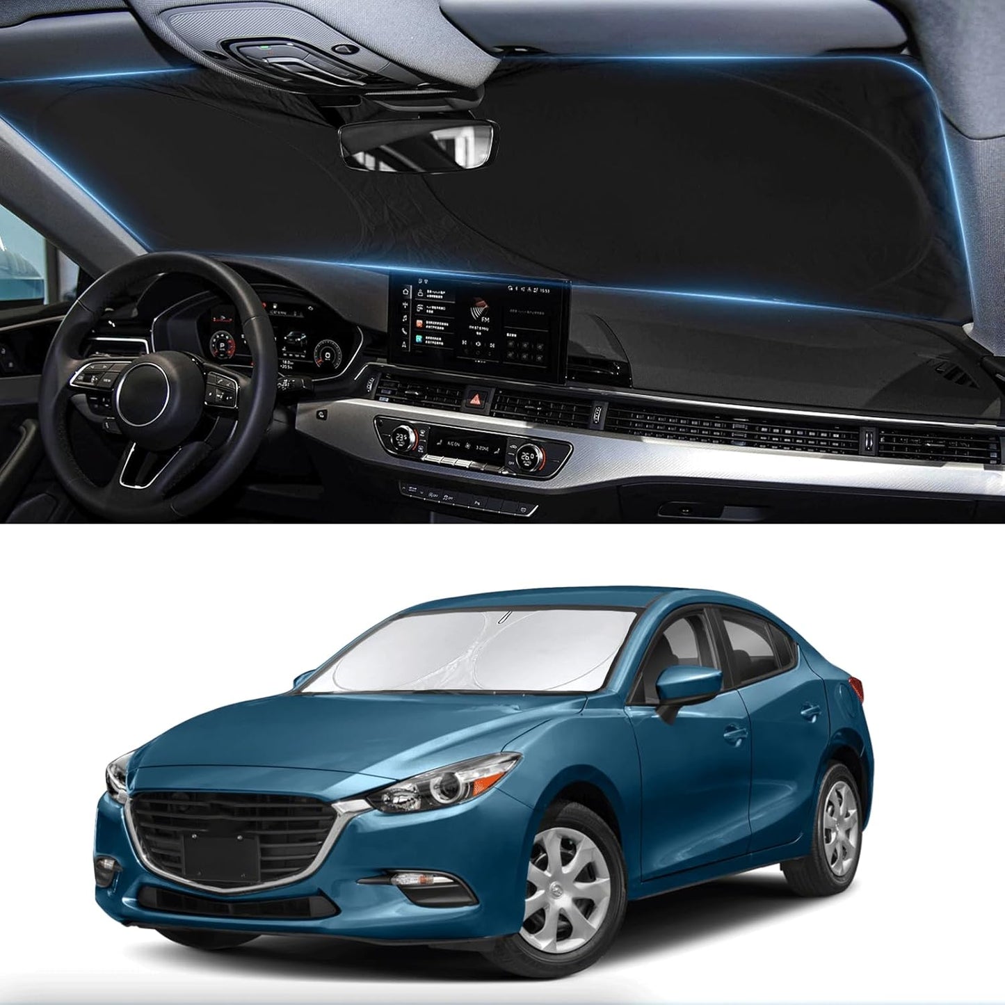 Custom Fit Mazda 3 Windshield Sunshade for Mazda 3 Accessories 2019-2024 2025 2026 Hatchback/Sedan Accessories Front Window Shades Cover for Windshield Sun Visor Protector Keep Car Cooler