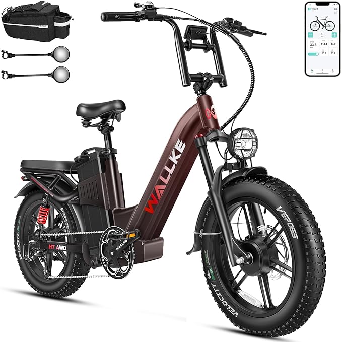 W Wallke H7 AWD Dual Motor Electric Bike for Adult, 48V 60Ah/40Ah Removable Battery, Long Range 32-34MPH Fast Ebike, 20" Fat Tire Mountain Offroad All Terrain Full Suspension E-Bicycle, UL2849 List