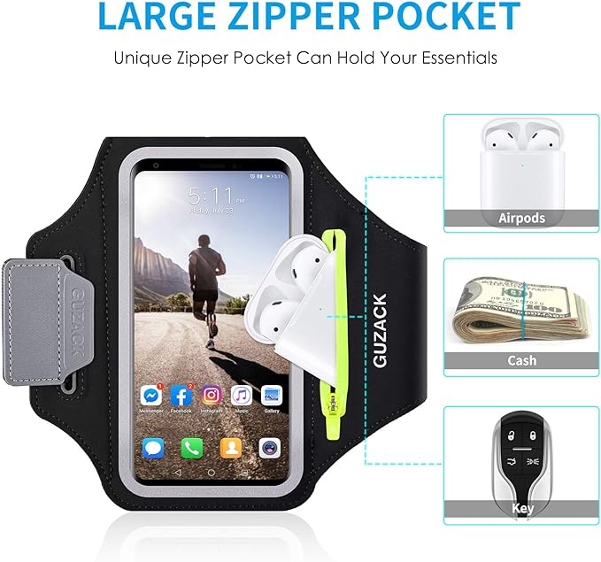 GUZACK Running Armband for iPhone 16 Pro 15 14 13 12 11 Pro Max/Plus/XR/XS, Galaxy S25/S24/S23/S22, with Card Slot & Key Pockets, Sports Arm Bands Cell Phone Holder Fit Up to 6.9 Inches Phone