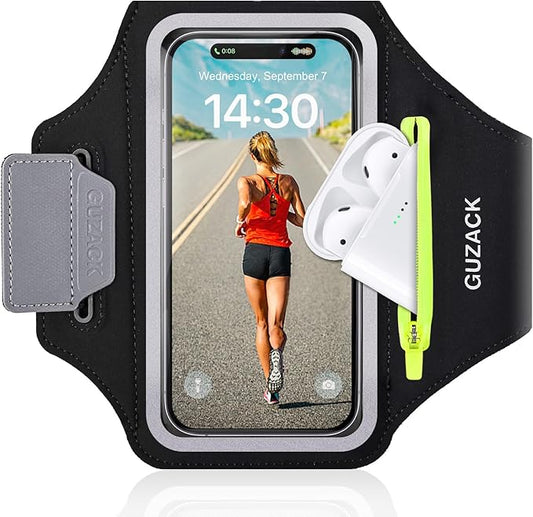 GUZACK Running Armband for iPhone 16 15 14 13 Pro Max, Galaxy S25 S24 S23 S22, with Card Slot & Key Pockets, Running Phone Holder, Fit Up to 6.9 Inches Phone - Size S (Smaller Arm 9-14 in)