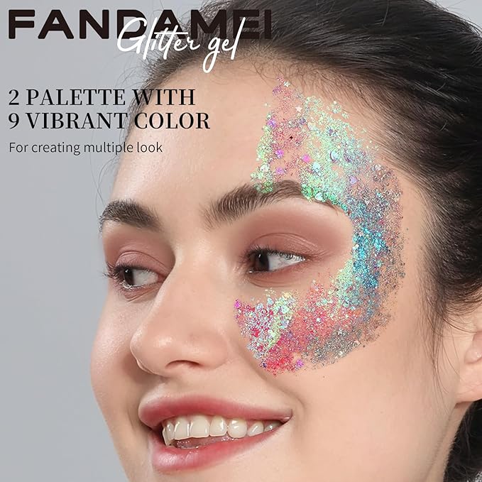 FANDAMEI Face Glitter, 2 PCS Face Glitter Gel 18 Grids, Body Hair Glitter for Kids Women for Makeup, Halloween Rave Concert Face Paint Glitter