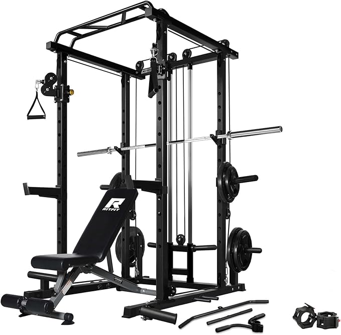 RitFit Multi-Function Squat Rack Power Cage PPC03 with Cable Crossover System, 1000LBS Capacity Power Rack and Packages with Optional Weight Bench, Barbell Weight Set, for Garage Workout & Home Gym