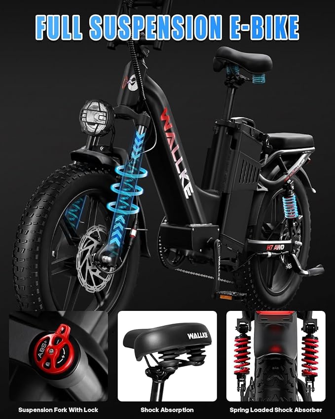 W Wallke H7 AWD Dual Motor Electric Bike for Adult, 48V 60Ah/40Ah Removable Battery, Long Range 32-34MPH Fast Ebike, 20" Fat Tire Mountain Offroad All Terrain Full Suspension E-Bicycle, UL2849 List