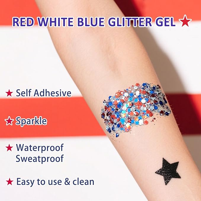 Patriotic Red White and Blue Glitter Stick, 4th of July Outfits for Body & Hair, Women Kids Fourth of July Accessories, Face Hair Glitter for Independence Day, Memorial Day, Veterans Day