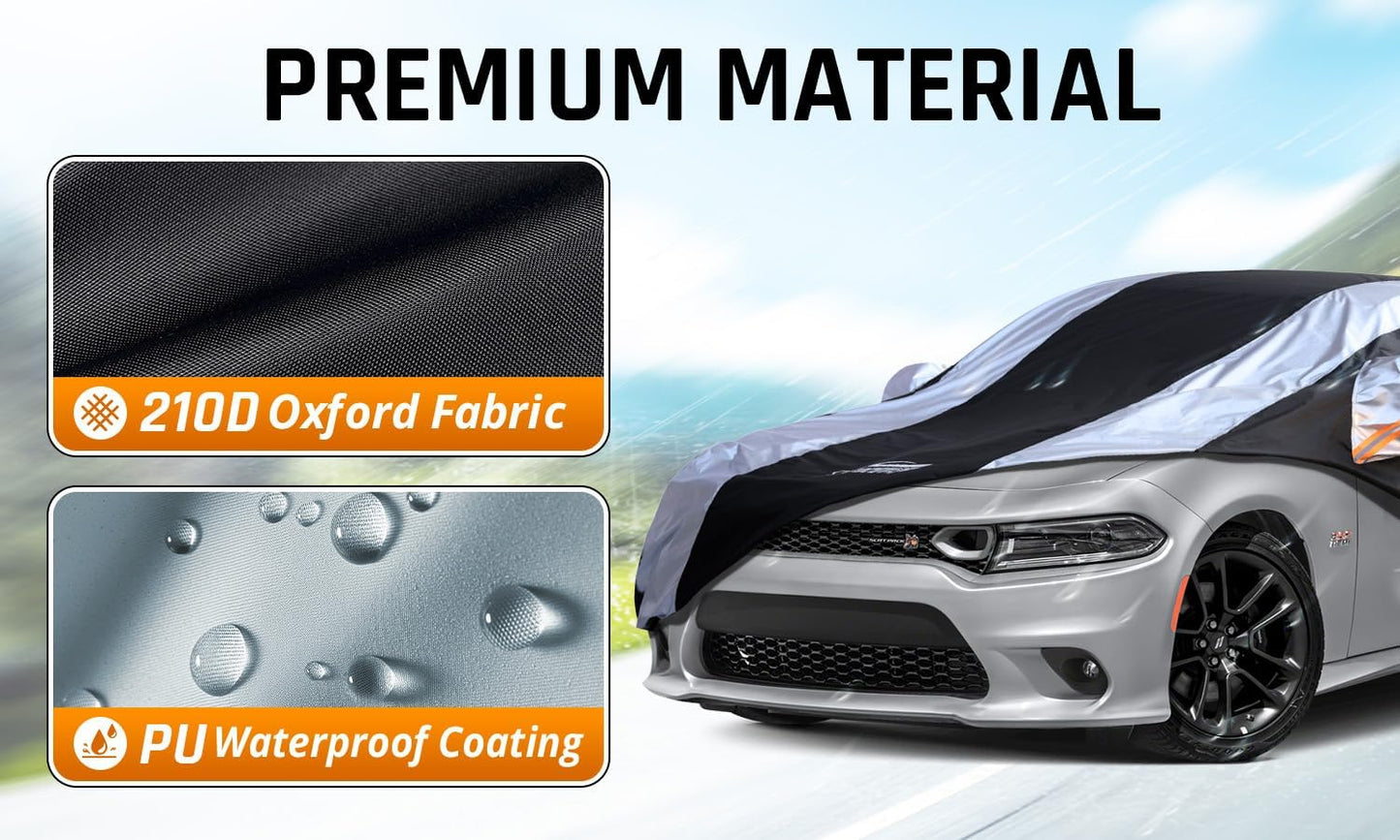 Dodge Charger Car Cover Waterproof All Weather with Silver Strip Design, Custom Fit for Dodge Charger 2006–2023, Charger Accessory with Door Zipper & Windproof Straps