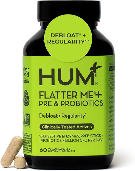 HUM Flatter Me Digestive Enzymes with Probiotics & Prebiotics - Fast-Acting Bloat Relief, Digestive Health and Regularity, Vegan Formula 60 Servings