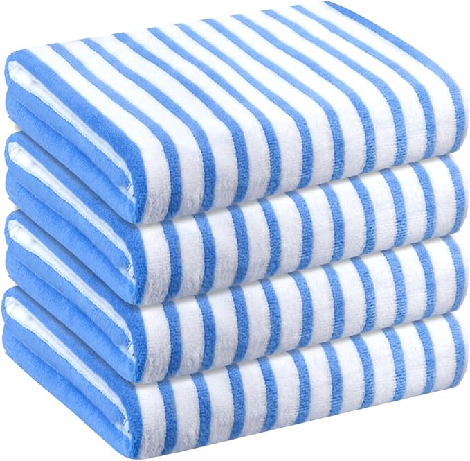 JML Microfiber Towels, Bath Towel Sets (4 Pack, 27" x 55") - Extra Absorbent, Fast Drying, Multipurpose for Bath, Swimming, Fitness, Sports, Yoga,Stripe Blue
