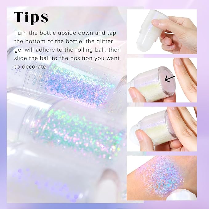 Roll-on Holographic Body Glitter Gel for Face Hair, Chameleon Color Changing Glitter Gel Under Light, Chunky Mermaid Sequins Festival Party Rave Accessories Shimmer Makeup (10# Neon Violet)