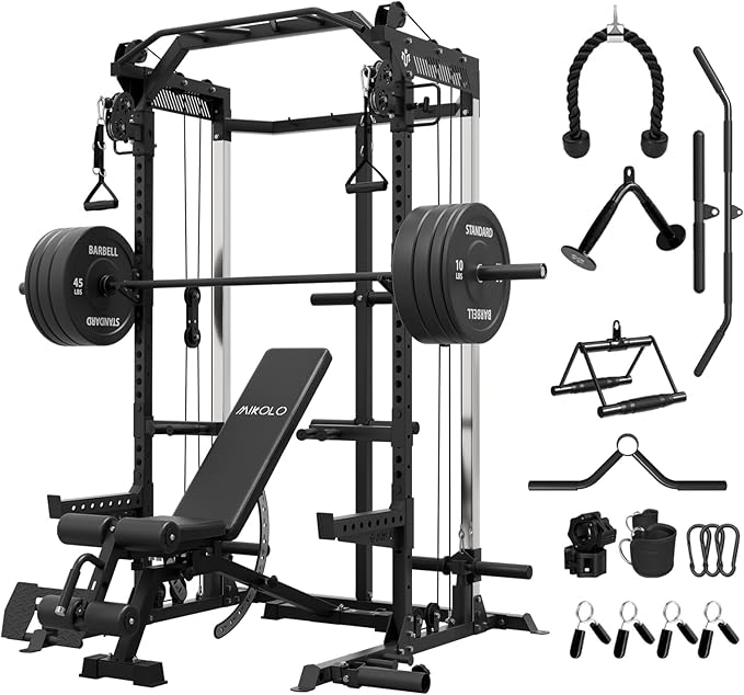 Mikolo Power Cage, 2000LB Power Rack with Independent Dual Pulley System, Multi-Function Home Gym Workout Machine for Cable Crossover