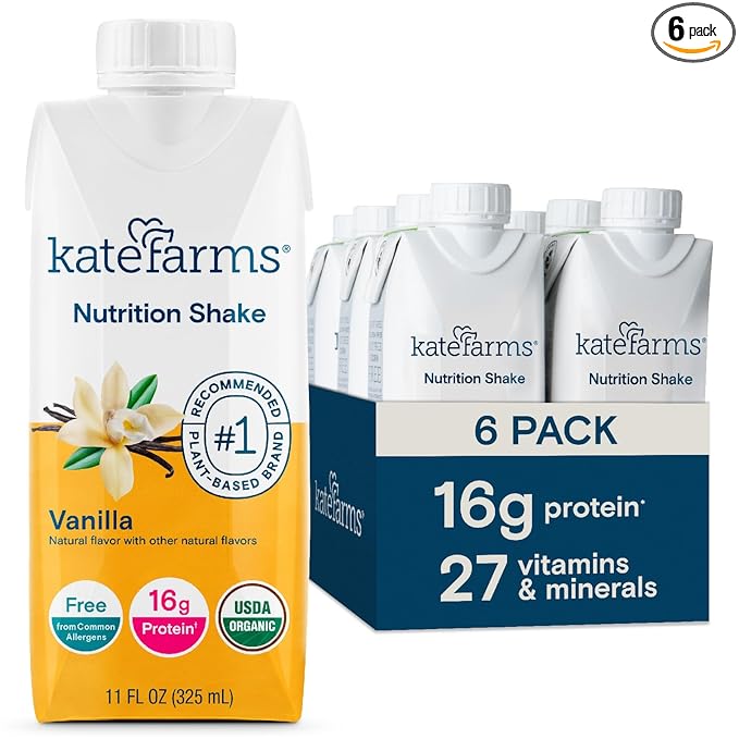 Kate Farms Organic Nutrition Shake, Vanilla, 16g Protein, 27 Vitamins and Minerals, Meal Replacement, 11 oz, 6 Pack
