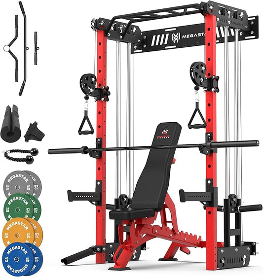 Wall Mounted Power Rack – 1600LB Capacity Compact Commercial Home Gym with Dual Cable Crossover, LAT Pulldown, Multi-Grip Pull-Up Bar & Landmine Attachment for Small Spaces, P67 Striker Red
