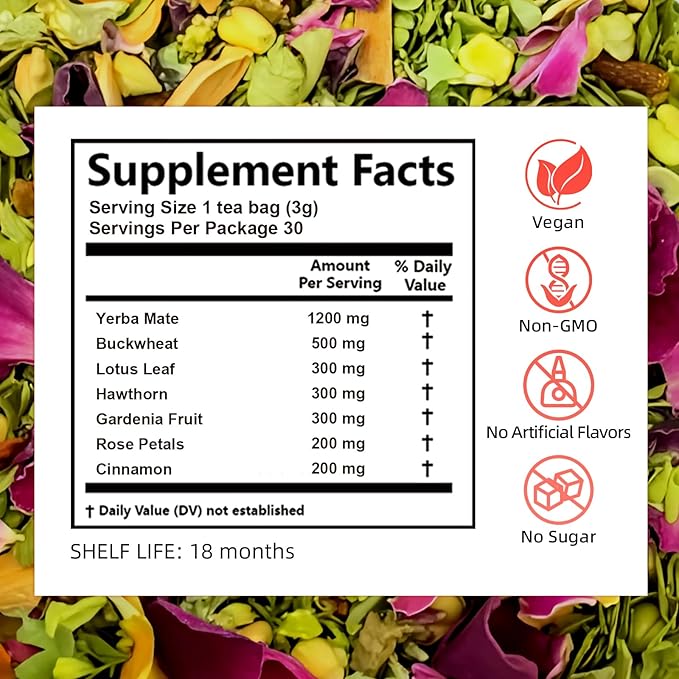 GLP-1 Herbal Tea，7 Precious Ingredients Formula to Complement Balanced Eating Habits, Yerba Mate, Cinnamon, Gardenia & More, No Sugar or Artificial Additives–30 Tea Bags (1 Pack)