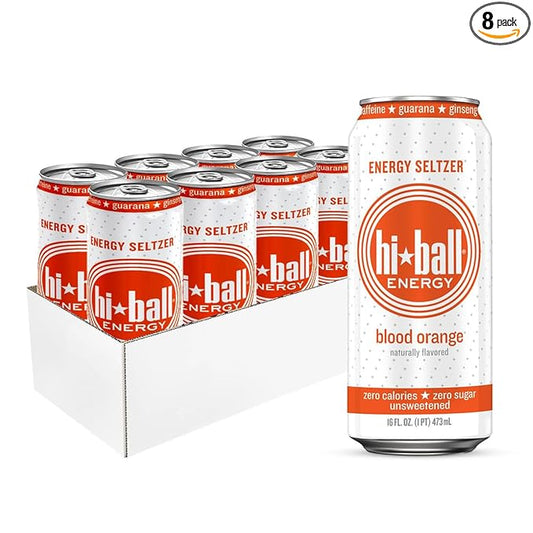 Hiball Energy Seltzer Water, Caffeinated Sparkling Water Made with Vitamin B12 and Vitamin B6, Sugar Free of 16 Fl Oz(Pack of 8), Blood Orange