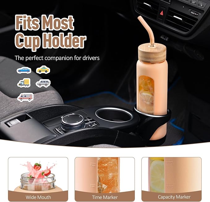 Kodrine Water Bottle with Straw, 24 oz Glass water Bottle with 2 Lids Bamboo Straw Lid and Spout Lid with Handle, 32 oz Clear Water Bottle Glass for Sports Travel, Waterbottle with Time Marker