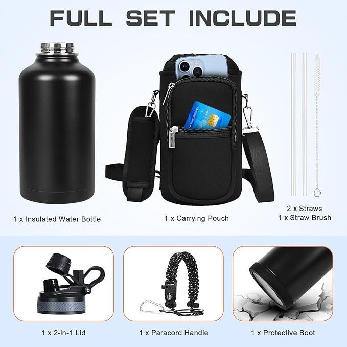 Insulated Water Bottle 64 oz, Half Gallon Water Jug Cold 48H, BPA Free Stainless Steel Bottles with Straw/Chug 2-in-1 Lid, Bag, Paracord Handle, Silicone Boot, Sports Gym School Metal Flask