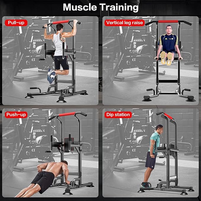 Power Tower Height Adjustable 59”-90” Dip Station Pull Up Bar Multi-Function for Home Gym Fitness Workout Exercise Equipment Strength Training