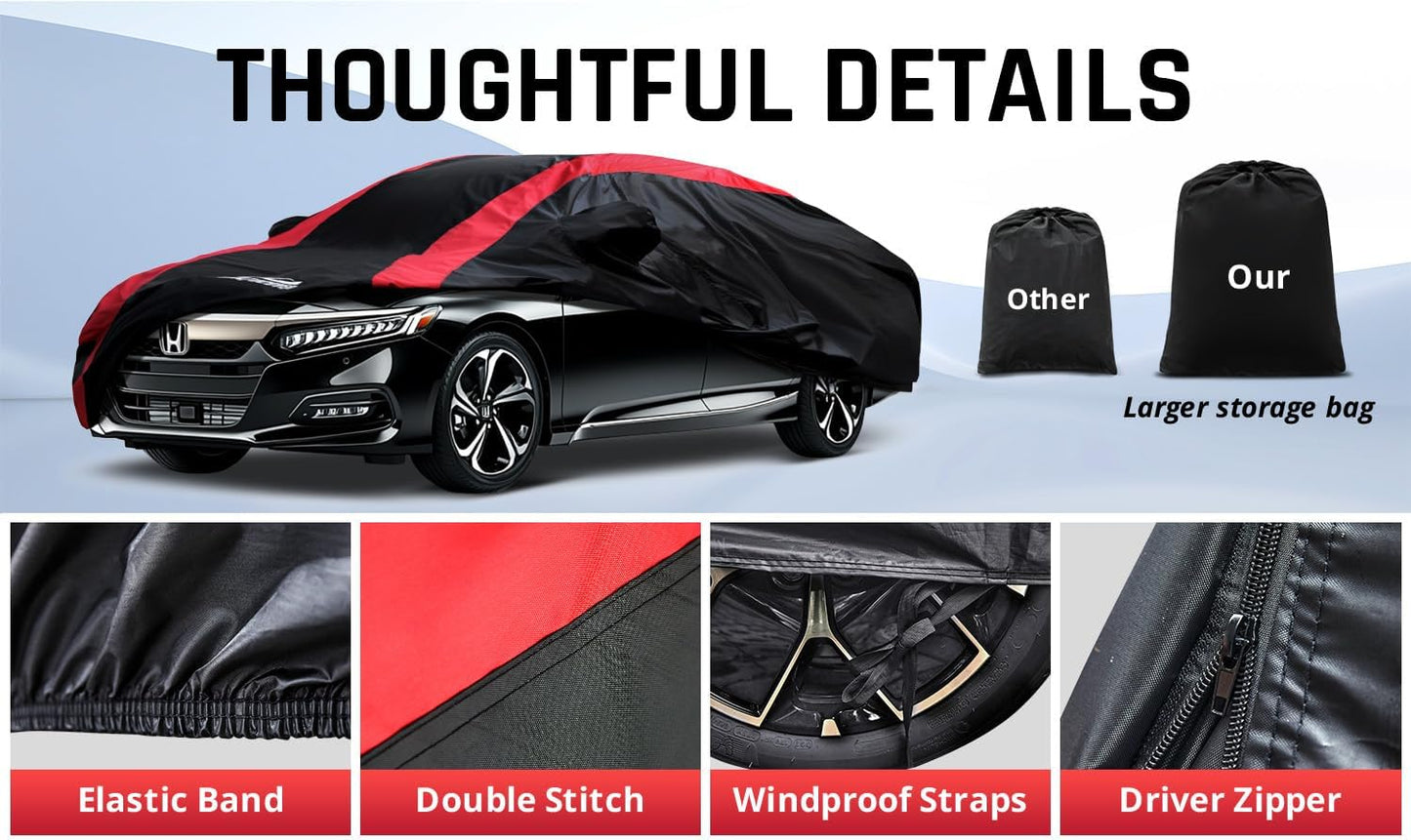 Honda Accord Car Cover Waterproof All Weather with Red Strip Design, Custom Fit for Honda Accord 1998–2025, Accord Accessory with Door Zipper & Windproof Straps