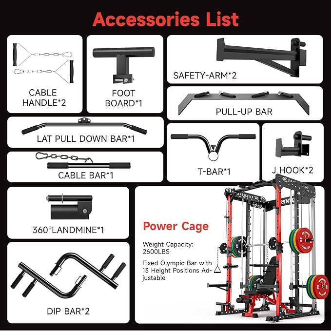 Smith Machine Power Rack | All-in-One Power Cage with Adjustable J-Hooks, Squat Rack for Home Gym, Cable Machine & Pull-Up Bar | Home and Garage Gym Equipment for Strength Training