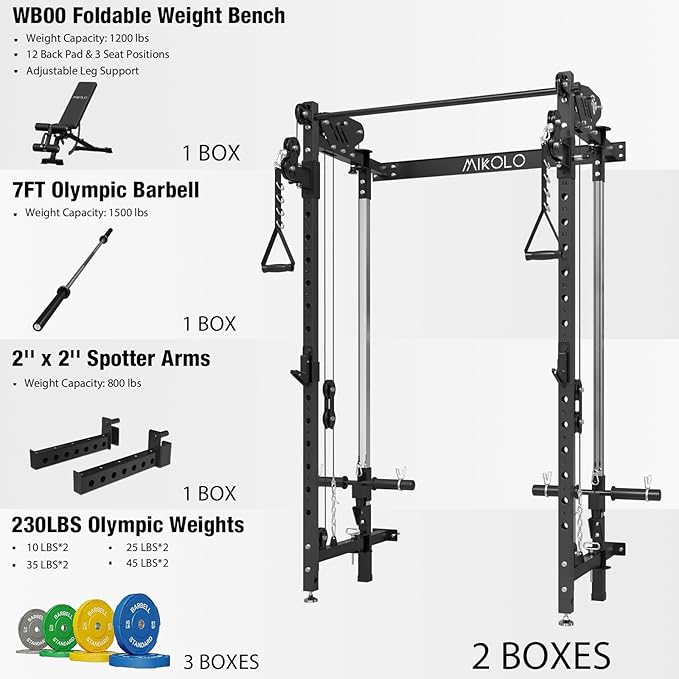 Mikolo Folding Squat Rack, Wall Mounted Power Rack with Cable Crossover Machine & LAT Pull Down, Functional Trainer with 5 Adjustable Function Modes, for Home Gym and Space Saving