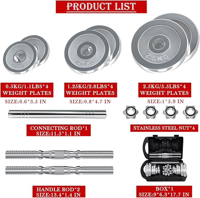 VIVITORY Fitness Dumbbells Set, Adjustable Weight Sets up to 11/22/44/66/110 lbs, with Metal Connecting Rod Used As Barbell, Chromed Weights, Hardcover Gift Box, Home Gym Work Out Training Equipment