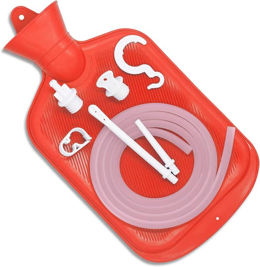 Enema Bag Kit with 5ft Hose Coffee Enemas at Home Water Shower Douche Colon Detox Cleanse Kit with Tubing, Tips, Clamp and Hook (RED, 2 L)