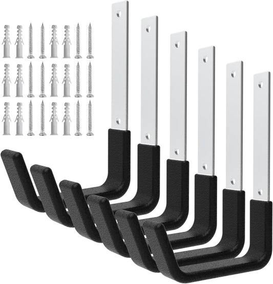 Heavy Duty Utility Hooks - Wall Mount, Hooks for Garage, Hose, Bike, Ladder, Leaf Blower Hanger (6 Medium)