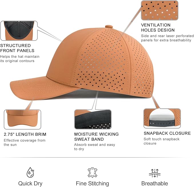 VOBOOM Men Quick Dry Baseball Cap Laser Cut Mesh Ball Curved Brim Snapback Hat