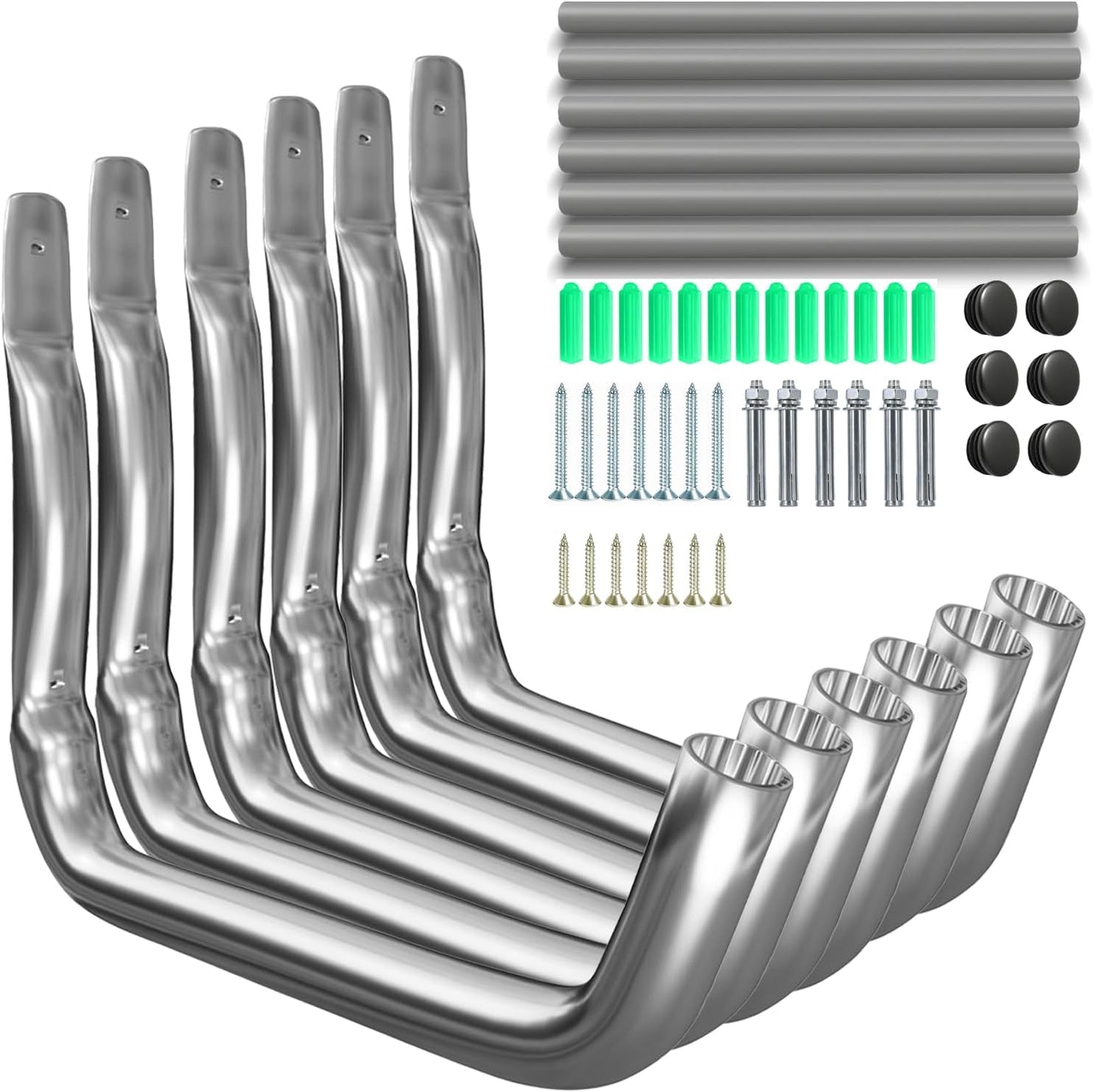 6 Pack Garage Hooks Heavy Duty, 15" 100LB Stainless Steel Wall Mount Kayak Storage Rack with EVA Pads for Hanging Indoor/Outdoor, Garage Storage Organizer for Hang Ladders Folding Chair Bike