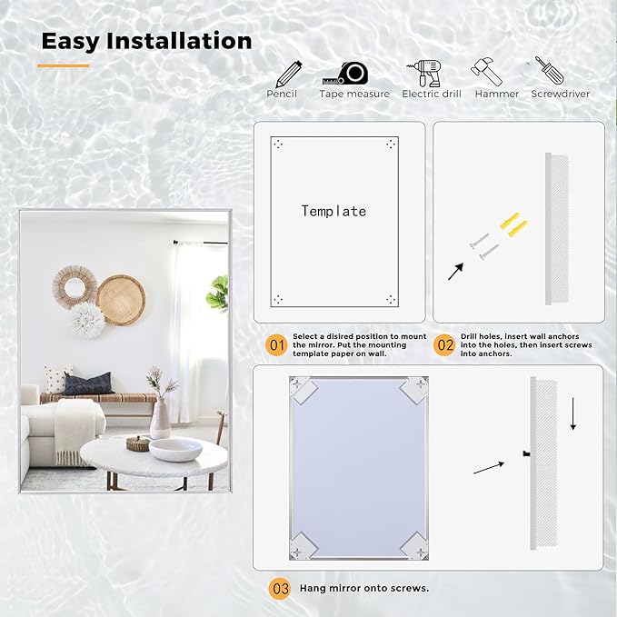 20x40 Inch Nickel Bathroom Mirror for Wall, Aluminum Frame Rectangle Rectangular Vanity Mirror, Modern Large for Bedroom, Living Room, Horizontal or Vertical