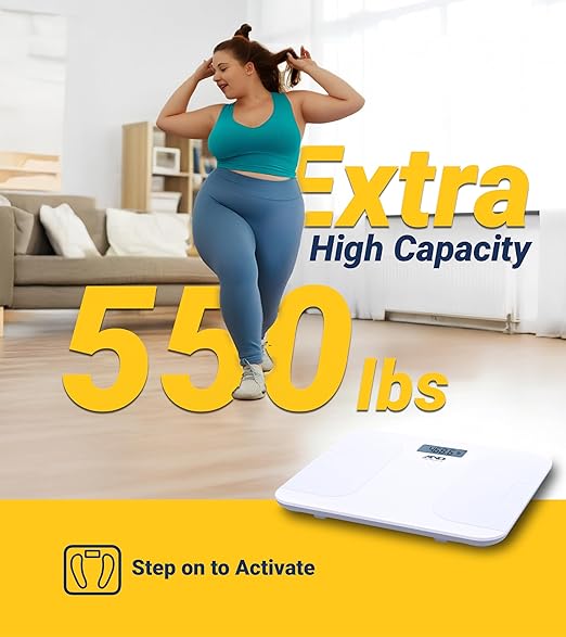 A&D Medical Digital Body Weight Scale, UC-356BLE Bluetooth Bathroom Weight Machine, UltraWide Platform and Large Display, Syncs with A&D App,550lb (249kg), Batteries Included, White