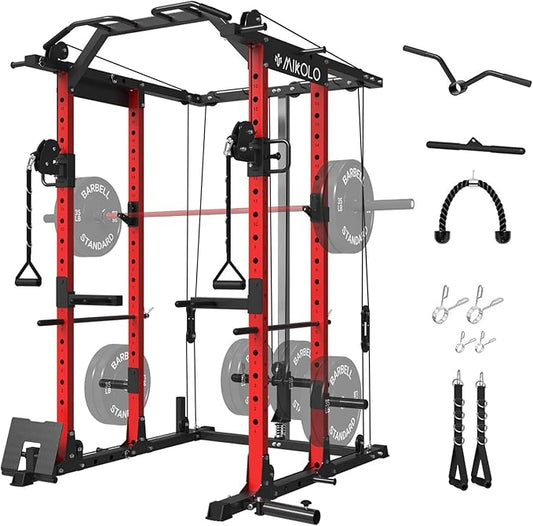 Mikolo Power Cage, Power Rack with Cable Crossover System, 1500LBS Squat Rack with LAT Pull Down System, Workout Cage with Pulley System for Fitness Home Gym
