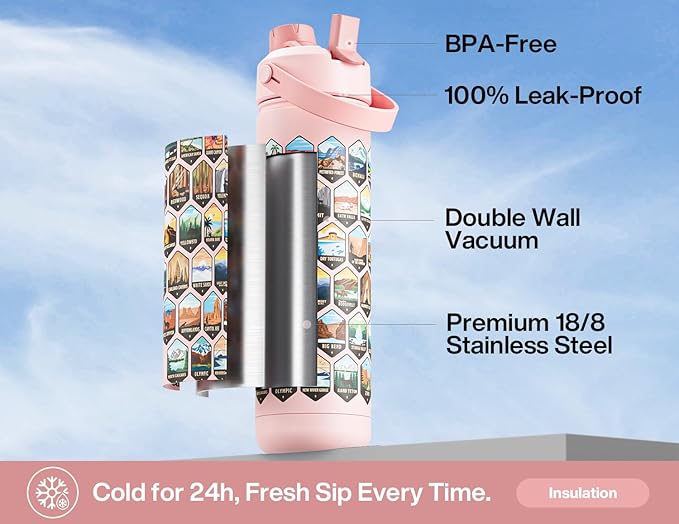 26 oz National Parks Water Bottle with Waterproof Stickers: 2-in-1 Straw Spout Lid, Keep Cold 24H, Leakproof, Car CupHolder Friendly, Insulated Stainless Steel Cup for Travel, Sports, School (Pink)
