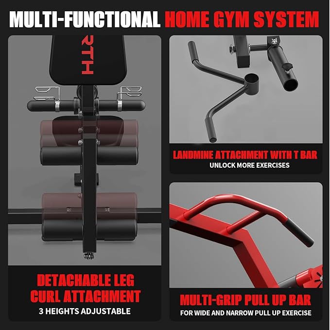 Smith Machine, Power Rack with LAT Pulldown System, Power Cage with Cable System, Squat Rack for Home Gym with Chest Press Machine, Spotter Arms, Leg Curl Attachment and More