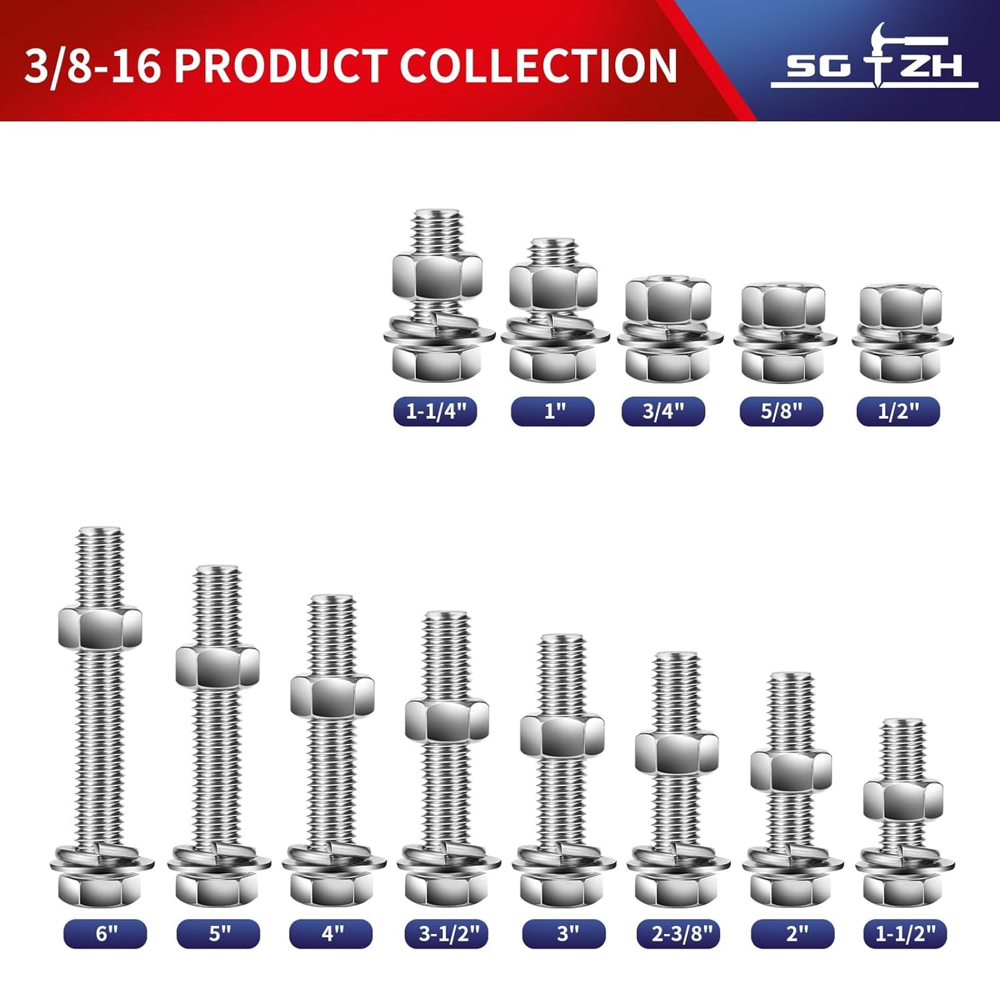 3/8-16 x 1/2" Hex Head Screw Bolt, Nuts, Flat & Lock Washers, 10Pcs 18-8 (304) Stainless Steel, Fully Threaded, by SG TZH