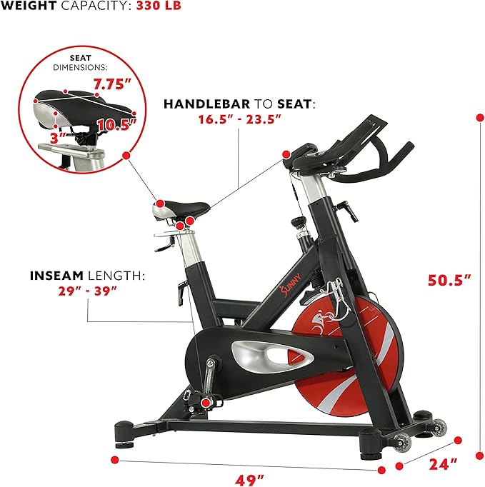 Sunny Health & Fitness Indoor Cycling Exercise Bike w/Pulse Sensors & 4-Way Adjustable Seat, Stationary Home Cardio Training Machine w/Micro-Adjustable Magnetic Resistance for Intensive Cardio Session