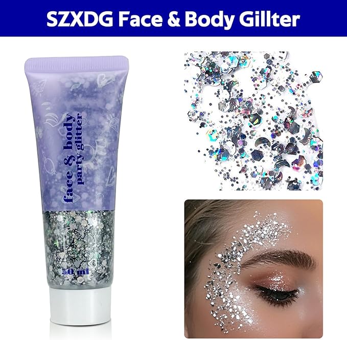 Body Glitter Gel, Face Shimmer Glitters for Women Girls, Long Lasting Sparkly Makeup for Birthday Christmas Festivals, Nails Hair Eyeshadow Paint Accessory (Silver)