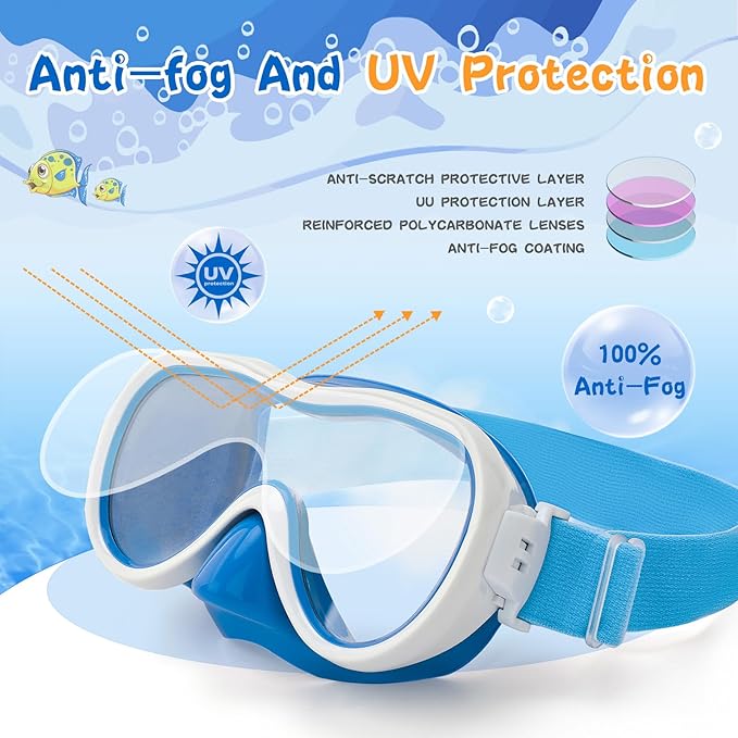 Kids Swim Goggles 180° Snorkel Diving Mask with Nose Cover, Anti-Fog Kids Swimming Goggles with Elastic Fabric Strap for Kids Boys Girls