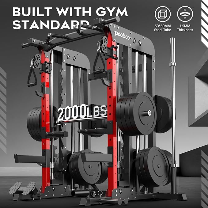 Pooboo Multi-Functional Machine Power Cage, 2000LB Squat Rack, LAT-Pull Down System, Dual Pulley Cable Crossover System, Home Gym Workout Machine with Strength Training Attachments
