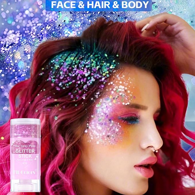 Pink Hair Glitter Stick, Chunky Sequins Body Face Glitter Singer Concert Outfits for Women,Body Paint for Kids,Waterproof Shimmer Rave Music Festival Accessories for Parties & Events