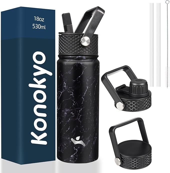 18 oz Insulated Water Bottle Stainless Steel Sport Bottles with 3 Lids,Marble Midnight